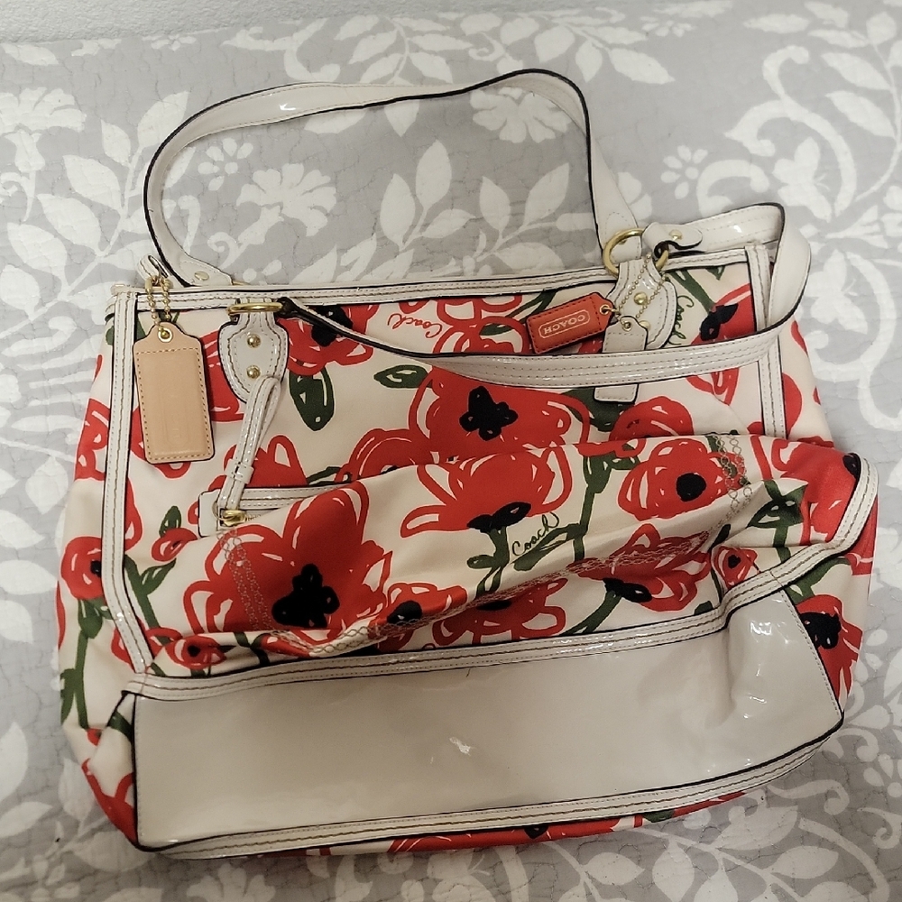 Coach Red and Cream Floral Tote Bag